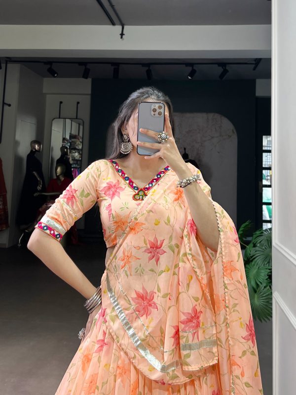 LNB 1716 Peach Color Tabby Silk Floral Print Embossed Design Lace Lehenga Choli Wedding, Party, Festive, Events Etc. Delivery 4-6 Working Days Rs 2499 | Lehenga, Bollywood Lehenga, Creative Lehenga, Designer Lehenga, Embroidered Lehenga, Party Wear Lehenga