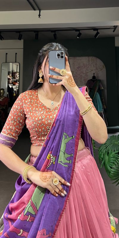 LNB 1235 Peach Color Tasar Silk Kalamkari With Foil Work Lehenga Choli Wedding, Party, Festive, Events Etc. Delivery 4-6 Working Days Rs 2499 | Lehenga, Bollywood Lehenga, Creative Lehenga, Designer Lehenga, Embroidered Lehenga, Party Wear Lehenga