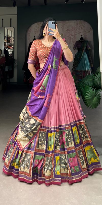 LNB 1235 Peach Color Tasar Silk Kalamkari With Foil Work Lehenga Choli Wedding, Party, Festive, Events Etc. Delivery 4-6 Working Days Rs 2499 | Lehenga, Bollywood Lehenga, Creative Lehenga, Designer Lehenga, Embroidered Lehenga, Party Wear Lehenga