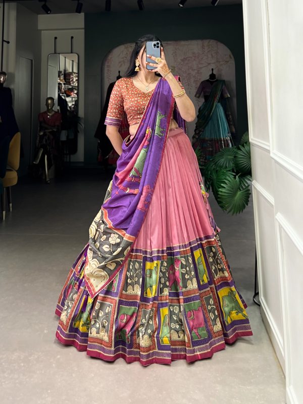 LNB 1235 Peach Color Tasar Silk Kalamkari With Foil Work Lehenga Choli Wedding, Party, Festive, Events Etc. Delivery 4-6 Working Days Rs 2499 | Lehenga, Bollywood Lehenga, Creative Lehenga, Designer Lehenga, Embroidered Lehenga, Party Wear Lehenga