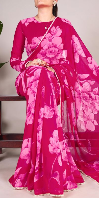 YNF 7011 Pink Color Chiffon Foral Printed Pearl Lace Border Saree Casual, Wedding, Festive, Events . Expected Delivery  4-6 Working Days @1499/- only                                                                                | Sarees, Bollywood Sarees, Creative Sarees, Designer Sarees, Embroidered Sarees, Ethnic Saree, Modern Digital sarees, Party Wear Sarees