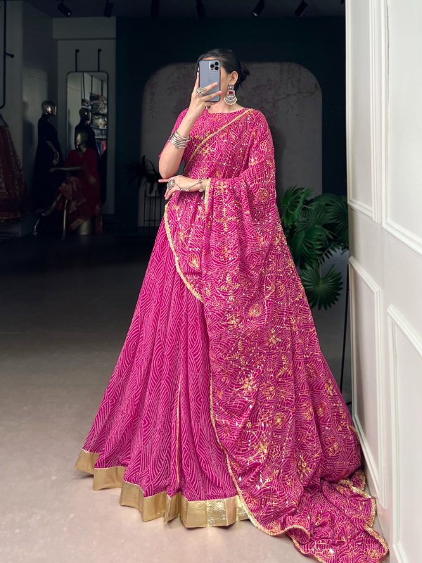LNB 1701 Pink Color Georgette Bandhej Print And Embossed Lace Lehenga Choli Wedding, Party, Festive, Events Etc. Delivery 4-6 Working Days Rs 3999 | Lehenga, Bollywood Lehenga, Creative Lehenga, Designer Lehenga, Embroidered Lehenga, Party Wear Lehenga