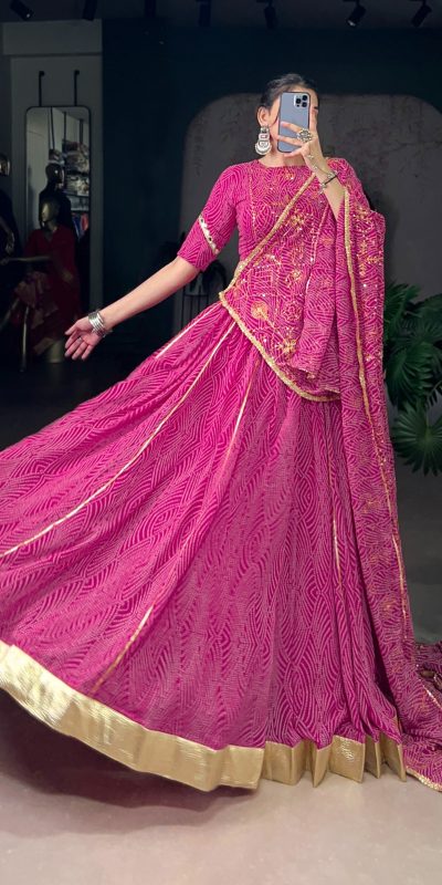LNB 1701 Pink Color Georgette Bandhej Print And Embossed Lace Lehenga Choli Wedding, Party, Festive, Events Etc. Delivery 4-6 Working Days Rs 3999 | Lehenga, Bollywood Lehenga, Creative Lehenga, Designer Lehenga, Embroidered Lehenga, Party Wear Lehenga