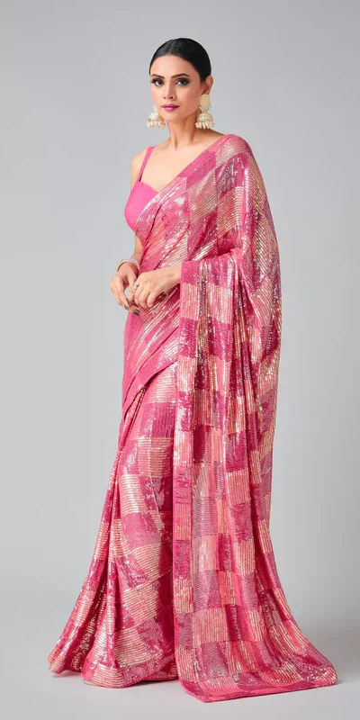 DF 3426 Pink Color Georgette 5MM Sequins Embroidery Work Saree Casual, Wedding, Festive, Events . Expected Delivery  4-6 Working Days @1749/- only                                                 | Sarees, Bollywood Sarees, Creative Sarees, Designer Sarees, Embroidered Sarees, Ethnic Saree, Modern Digital sarees, Party Wear Sarees