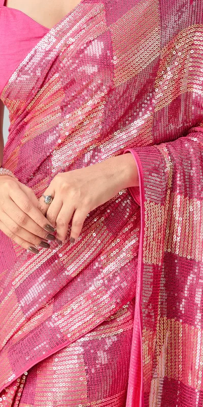 DF 3426 Pink Color Georgette 5MM Sequins Embroidery Work Saree Casual, Wedding, Festive, Events . Expected Delivery  4-6 Working Days @1749/- only                                                 | Sarees, Bollywood Sarees, Creative Sarees, Designer Sarees, Embroidered Sarees, Ethnic Saree, Modern Digital sarees, Party Wear Sarees