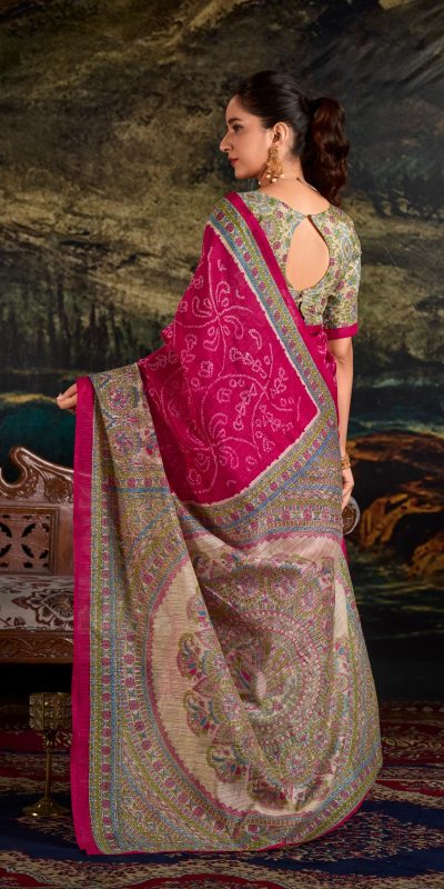 YNF 7209 Pink Color Green Silk Fusion Print Madhubani Bandhej Saree Casual, Wedding, Festive, Events . Expected Delivery  4-6 Working Days @1499/- only                                                                                | Sarees, Bollywood Sarees, Creative Sarees, Designer Sarees, Embroidered Sarees, Ethnic Saree, Modern Digital sarees, Party Wear Sarees