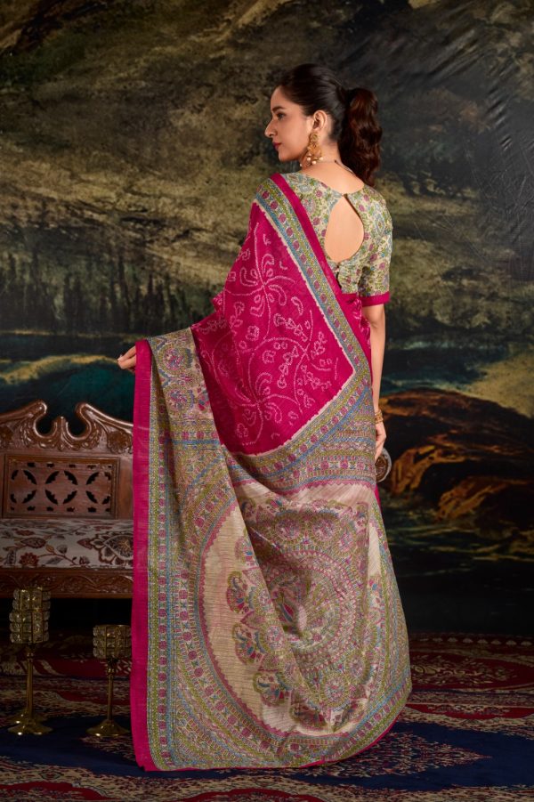 YNF 7209 Pink Color Green Silk Fusion Print Madhubani Bandhej Saree Casual, Wedding, Festive, Events . Expected Delivery  4-6 Working Days @1499/- only                                                                                | Sarees, Bollywood Sarees, Creative Sarees, Designer Sarees, Embroidered Sarees, Ethnic Saree, Modern Digital sarees, Party Wear Sarees