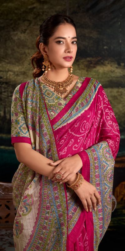 YNF 7209 Pink Color Green Silk Fusion Print Madhubani Bandhej Saree Casual, Wedding, Festive, Events . Expected Delivery  4-6 Working Days @1499/- only                                                                                | Sarees, Bollywood Sarees, Creative Sarees, Designer Sarees, Embroidered Sarees, Ethnic Saree, Modern Digital sarees, Party Wear Sarees