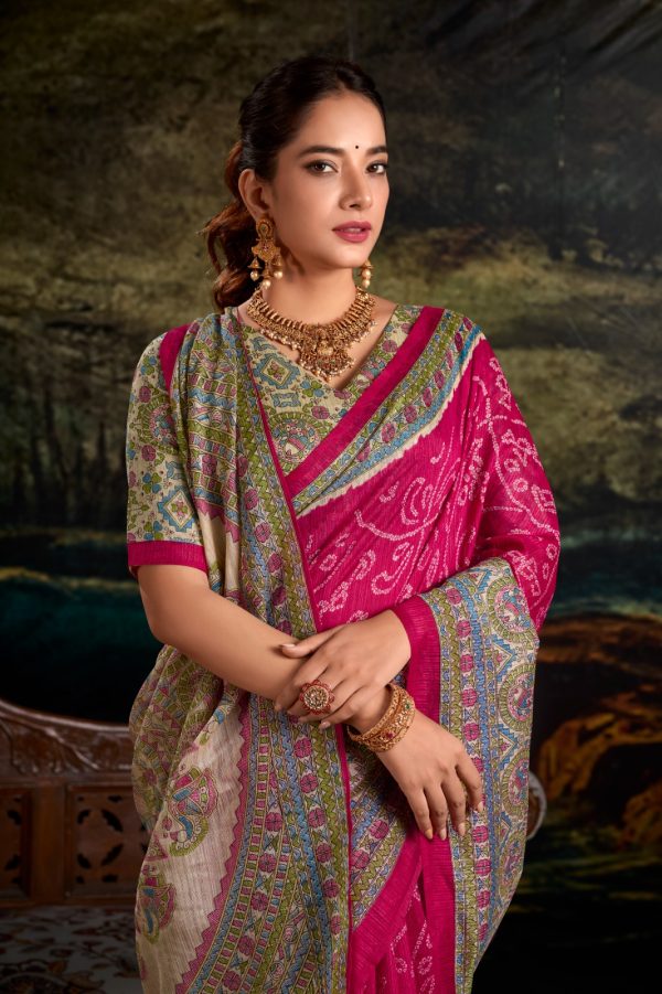 YNF 7209 Pink Color Green Silk Fusion Print Madhubani Bandhej Saree Casual, Wedding, Festive, Events . Expected Delivery  4-6 Working Days @1499/- only                                                                                | Sarees, Bollywood Sarees, Creative Sarees, Designer Sarees, Embroidered Sarees, Ethnic Saree, Modern Digital sarees, Party Wear Sarees