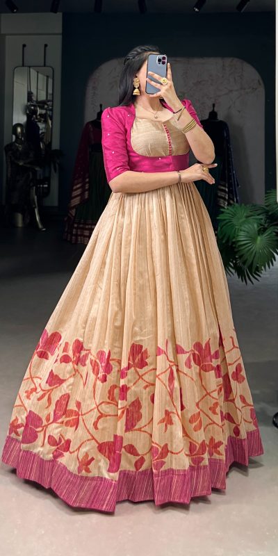 YNF 5027 Pink Color Green Silk Printed Gown Casual, Wedding, Festive, Events . Expected Delivery  4-6 Working Days @1799/- only      | Gowns, Bollywood Gowns, Creative Gowns, Designer Gowns, Embroidered Gowns, Party Wear Gowns