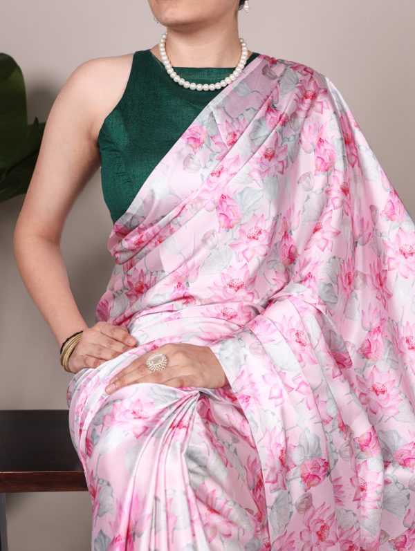 YNF 7054 Pink Color Satin Silk Floral Printed Saree Casual, Wedding, Festive, Events . Expected Delivery  4-6 Working Days @1549/- only                                                                                | Sarees, Bollywood Sarees, Creative Sarees, Designer Sarees, Embroidered Sarees, Ethnic Saree, Modern Digital sarees, Party Wear Sarees