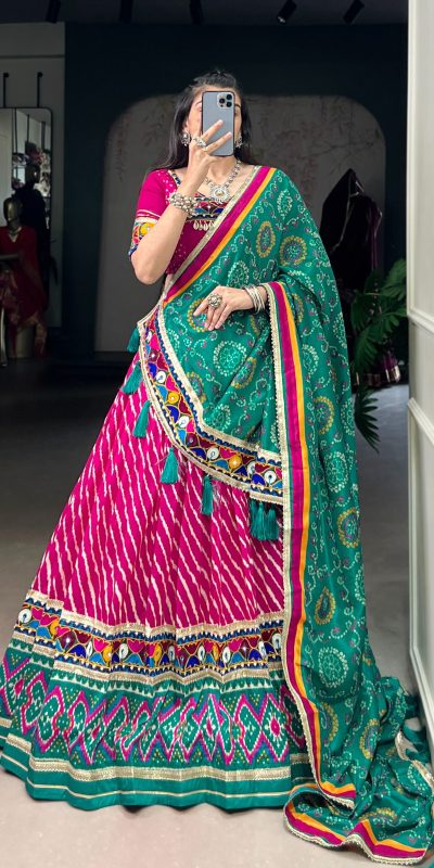 LNB 1741 Pink Color Tasar Silk Leheriya Patola Print Mirror Gamthi Work Lehenga Choli Wedding, Party, Festive, Events Etc. Delivery 4-6 Working Days Rs 2999 | Lehenga, Bollywood Lehenga, Creative Lehenga, Designer Lehenga, Embroidered Lehenga, Party Wear Lehenga