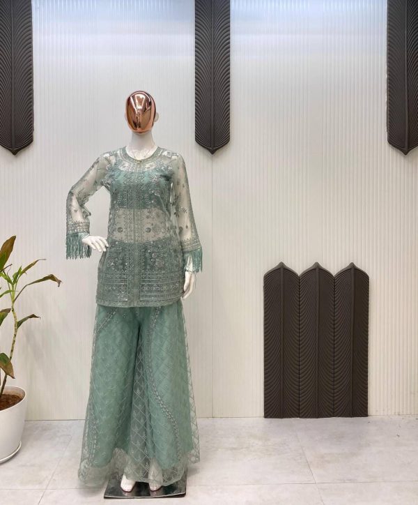 LG 1943 Pista Color Butterfly Net Sequence Embroidery Work Salwar Suit Casual, Wedding, Festive, Events . Expected Delivery  4-6 Working Days @1999/- only      | Jump Suits, Salwar suit, Casual Suits, Creative suits, Designer Suits, Palazzo Suits, Party Wear Suits, Patiala Suits, Straight Suits