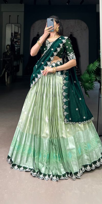 LNB 2024 Pista Color Zari Kota Weaving Work Sequins Thread Embroidery Lehenga Choli Festive Party Wedding, Events etc. Delivery 4-6 Working Days @2999/- | Lehenga, Bollywood Lehenga, Creative Lehenga, Designer Lehenga, Embroidered Lehenga, Party Wear Lehenga