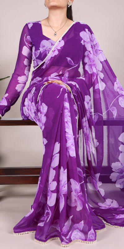 YNF 7011 Purple Color Chiffon Foral Printed Pearl Lace Border Saree Casual, Wedding, Festive, Events . Expected Delivery  4-6 Working Days @1499/- only                                                                                | Sarees, Bollywood Sarees, Creative Sarees, Designer Sarees, Embroidered Sarees, Ethnic Saree, Modern Digital sarees, Party Wear Sarees