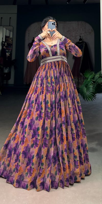 YNF 5019 Purple Color Georgette Floral print with Lace Border Gown Casual, Wedding, Festive, Events . Expected Delivery  4-6 Working Days @1799/- only      | Gowns, Bollywood Gowns, Creative Gowns, Designer Gowns, Embroidered Gowns, Party Wear Gowns