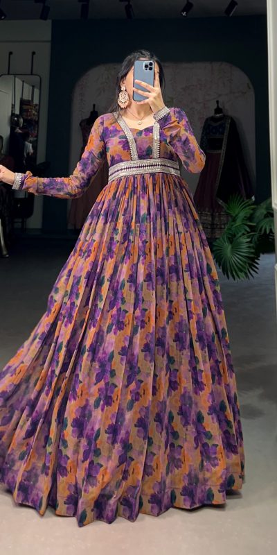 YNF 5019 Purple Color Georgette Floral print with Lace Border Gown Casual, Wedding, Festive, Events . Expected Delivery  4-6 Working Days @1799/- only      | Gowns, Bollywood Gowns, Creative Gowns, Designer Gowns, Embroidered Gowns, Party Wear Gowns