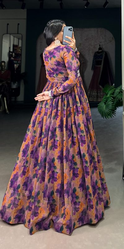 YNF 5019 Purple Color Georgette Floral print with Lace Border Gown Casual, Wedding, Festive, Events . Expected Delivery  4-6 Working Days @1799/- only      | Gowns, Bollywood Gowns, Creative Gowns, Designer Gowns, Embroidered Gowns, Party Wear Gowns