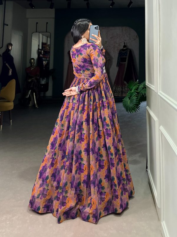 YNF 5019 Purple Color Georgette Floral print with Lace Border Gown Casual, Wedding, Festive, Events . Expected Delivery  4-6 Working Days @1799/- only      | Gowns, Bollywood Gowns, Creative Gowns, Designer Gowns, Embroidered Gowns, Party Wear Gowns