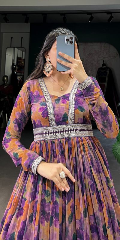 YNF 5019 Purple Color Georgette Floral print with Lace Border Gown Casual, Wedding, Festive, Events . Expected Delivery  4-6 Working Days @1799/- only      | Gowns, Bollywood Gowns, Creative Gowns, Designer Gowns, Embroidered Gowns, Party Wear Gowns