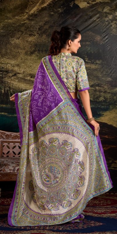 YNF 7209 purple Color Green Silk Fusion Print Madhubani Bandhej Saree Casual, Wedding, Festive, Events . Expected Delivery  4-6 Working Days @1499/- only                                                                                | Sarees, Bollywood Sarees, Creative Sarees, Designer Sarees, Embroidered Sarees, Ethnic Saree, Modern Digital sarees, Party Wear Sarees