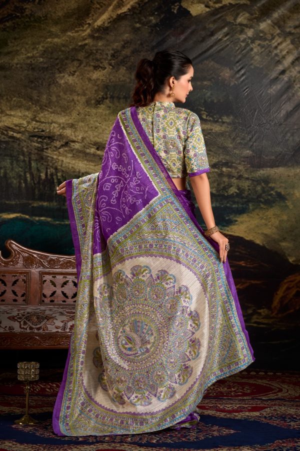 YNF 7209 purple Color Green Silk Fusion Print Madhubani Bandhej Saree Casual, Wedding, Festive, Events . Expected Delivery  4-6 Working Days @1499/- only                                                                                | Sarees, Bollywood Sarees, Creative Sarees, Designer Sarees, Embroidered Sarees, Ethnic Saree, Modern Digital sarees, Party Wear Sarees
