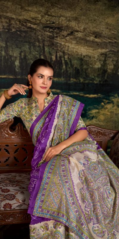 YNF 7209 purple Color Green Silk Fusion Print Madhubani Bandhej Saree Casual, Wedding, Festive, Events . Expected Delivery  4-6 Working Days @1499/- only                                                                                | Sarees, Bollywood Sarees, Creative Sarees, Designer Sarees, Embroidered Sarees, Ethnic Saree, Modern Digital sarees, Party Wear Sarees