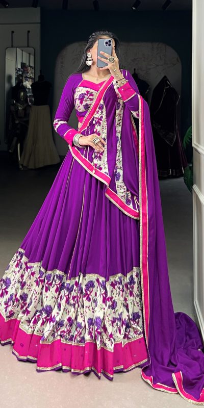 LNB 1618 Purple Color Printed And Original Mirror Hand Work With Lace Lehenga Choli Wedding, Party, Festive, Events Etc. Delivery 4-6 Working Days Rs 4249 | Lehenga, Bollywood Lehenga, Creative Lehenga, Designer Lehenga, Embroidered Lehenga, Party Wear Lehenga