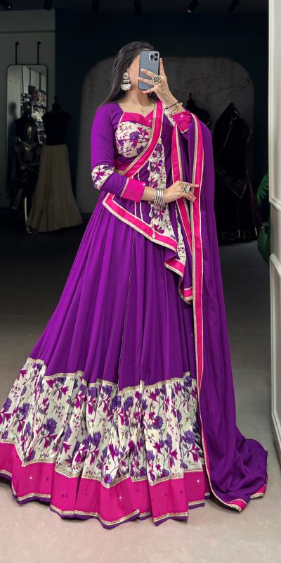 LNB 1618 Purple Color Printed And Original Mirror Hand Work With Lace Lehenga Choli Wedding, Party, Festive, Events Etc. Delivery 4-6 Working Days Rs 4249 | Lehenga, Bollywood Lehenga, Creative Lehenga, Designer Lehenga, Embroidered Lehenga, Party Wear Lehenga