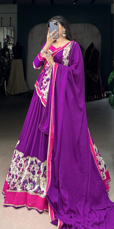 LNB 1618 Purple Color Printed And Original Mirror Hand Work With Lace Lehenga Choli Wedding, Party, Festive, Events Etc. Delivery 4-6 Working Days Rs 4249 | Lehenga, Bollywood Lehenga, Creative Lehenga, Designer Lehenga, Embroidered Lehenga, Party Wear Lehenga