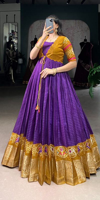 YNF 5028 Purple Color Tasar Chex Patola With Weaving Work Border Gown Casual, Wedding, Festive, Events . Expected Delivery  4-6 Working Days @1799/- only      | Gowns, Bollywood Gowns, Creative Gowns, Designer Gowns, Embroidered Gowns, Party Wear Gowns