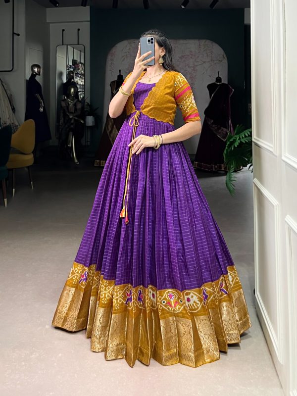 YNF 5028 Purple Color Tasar Chex Patola With Weaving Work Border Gown Casual, Wedding, Festive, Events . Expected Delivery  4-6 Working Days @1799/- only      | Gowns, Bollywood Gowns, Creative Gowns, Designer Gowns, Embroidered Gowns, Party Wear Gowns
