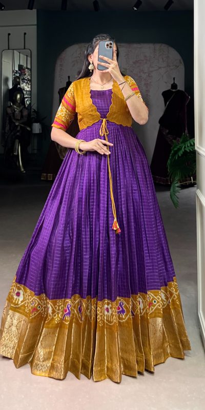 YNF 5028 Purple Color Tasar Chex Patola With Weaving Work Border Gown Casual, Wedding, Festive, Events . Expected Delivery  4-6 Working Days @1799/- only      | Gowns, Bollywood Gowns, Creative Gowns, Designer Gowns, Embroidered Gowns, Party Wear Gowns