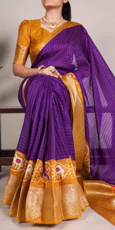YNF 7029 Purple Color Tussar Chex Patola Print Weaving Work Border Saree Casual, Wedding, Festive, Events . Expected Delivery  4-6 Working Days @1499/- only                                | Sarees, Bollywood Sarees, Creative Sarees, Designer Sarees, Embroidered Sarees, Ethnic Saree, Modern Digital sarees, Party Wear Sarees
