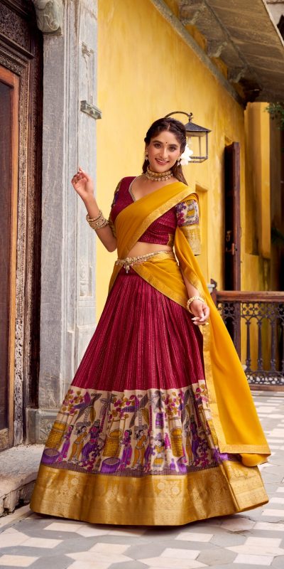 LNB 1242 Red Color Poly Chanderi Kalamkari Printed Zari Weaving Work Lehenga Choli Wedding, Party, Festive, Events Etc. Delivery 4-6 Working Days Rs 1899 | Lehenga, Bollywood Lehenga, Creative Lehenga, Designer Lehenga, Embroidered Lehenga, Party Wear Lehenga