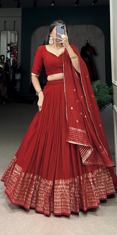 LNB 1906 Red Color Pure Chanderi Plain With Zari Weaving Work Border Lehenga Choli Wedding, Party, Festive, Events Etc. Delivery 4-6 Working Days Rs 1999 | Lehenga, Bollywood Lehenga, Creative Lehenga, Designer Lehenga, Embroidered Lehenga, Party Wear Lehenga