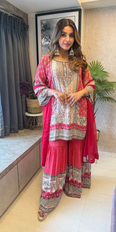 BE 387 Sky Red Roman Silk Sequence Embroidery Roman Silk Sequence Embroidery Work Salwar Suit Casual, Wedding, Festive, Events . Expected Delivery 4-6 Working Days @1949/- only | Jump Suits, Salwar suit, Casual Suits, Creative suits, Designer Suits, Palazzo Suits, Party Wear Suits, Patiala Suits, Straight Suits