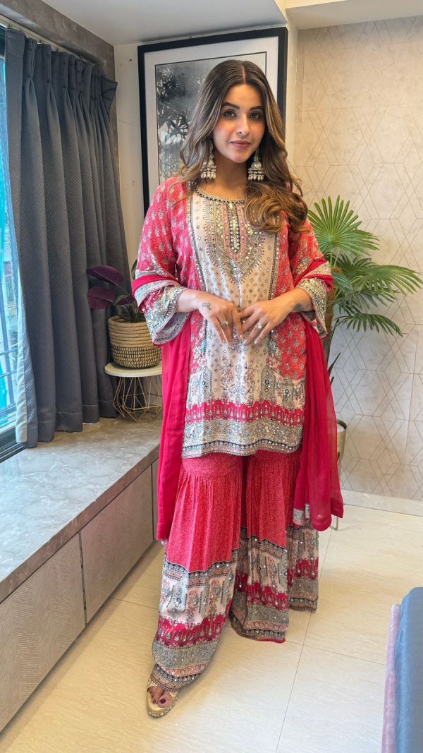 BE 387 Sky Red Roman Silk Sequence Embroidery Roman Silk Sequence Embroidery Work Salwar Suit Casual, Wedding, Festive, Events . Expected Delivery  4-6 Working Days @1949/- only      | Jump Suits, Salwar suit, Casual Suits, Creative suits, Designer Suits, Palazzo Suits, Party Wear Suits, Patiala Suits, Straight Suits