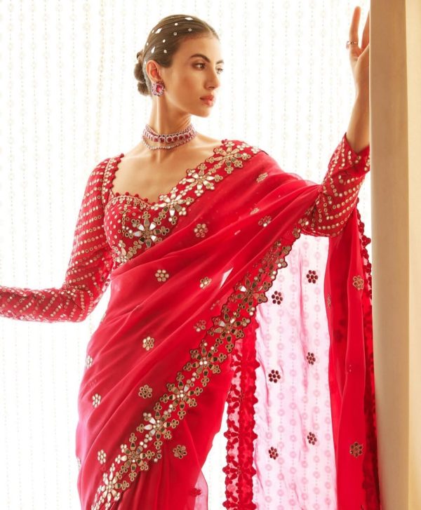 DF 3456 Red Color Heavy quality Faux Georgette Original Mirror Saree Casual, Wedding, Festive, Events . Expected Delivery  4-6 Working Days @2099/- only                                                                                | Sarees, Bollywood Sarees, Creative Sarees, Designer Sarees, Embroidered Sarees, Ethnic Saree, Modern Digital sarees, Party Wear Sarees