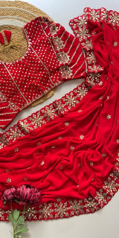DF 3456 Red Color Heavy quality Faux Georgette Original Mirror Saree Casual, Wedding, Festive, Events . Expected Delivery  4-6 Working Days @2099/- only                                                                                | Sarees, Bollywood Sarees, Creative Sarees, Designer Sarees, Embroidered Sarees, Ethnic Saree, Modern Digital sarees, Party Wear Sarees