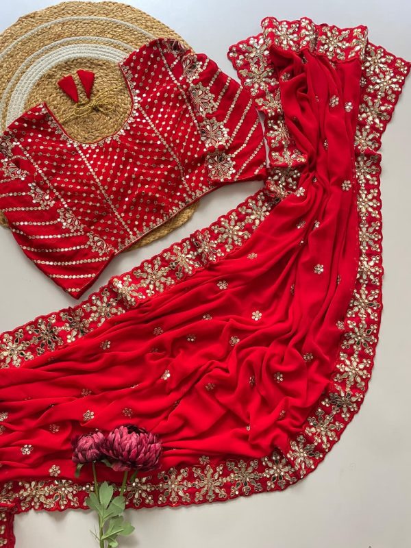 DF 3456 Red Color Heavy quality Faux Georgette Original Mirror Saree Casual, Wedding, Festive, Events . Expected Delivery  4-6 Working Days @2099/- only                                                                                | Sarees, Bollywood Sarees, Creative Sarees, Designer Sarees, Embroidered Sarees, Ethnic Saree, Modern Digital sarees, Party Wear Sarees