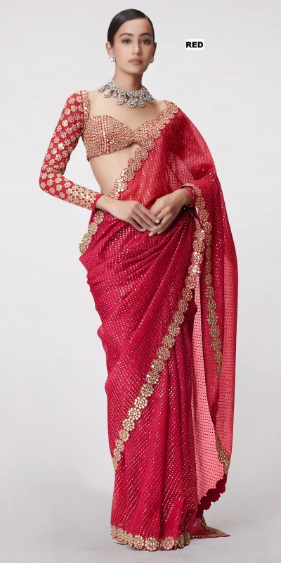 DF 3429 Red Color Faux Georgette 5mm Sequence Work Saree Casual, Wedding, Festive, Events . Expected Delivery  4-6 Working Days @2199/- only                                                 | Sarees, Bollywood Sarees, Creative Sarees, Designer Sarees, Embroidered Sarees, Ethnic Saree, Modern Digital sarees, Party Wear Sarees