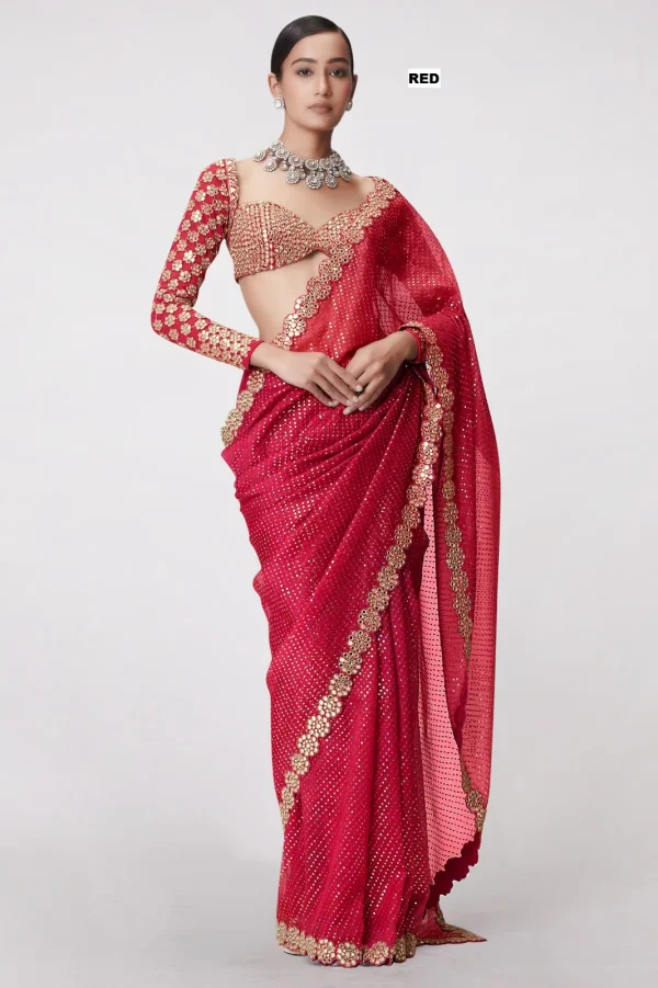 DF 3429 Red Color Faux Georgette 5mm Sequence Work Saree Casual, Wedding, Festive, Events . Expected Delivery  4-6 Working Days @2199/- only                                                 | Sarees, Bollywood Sarees, Creative Sarees, Designer Sarees, Embroidered Sarees, Ethnic Saree, Modern Digital sarees, Party Wear Sarees