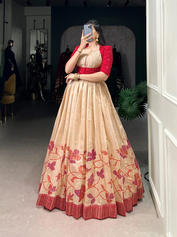 YNF 5027 Red Color Green Silk Printed Gown Casual, Wedding, Festive, Events . Expected Delivery  4-6 Working Days @1799/- only      | Gowns, Bollywood Gowns, Creative Gowns, Designer Gowns, Embroidered Gowns, Party Wear Gowns