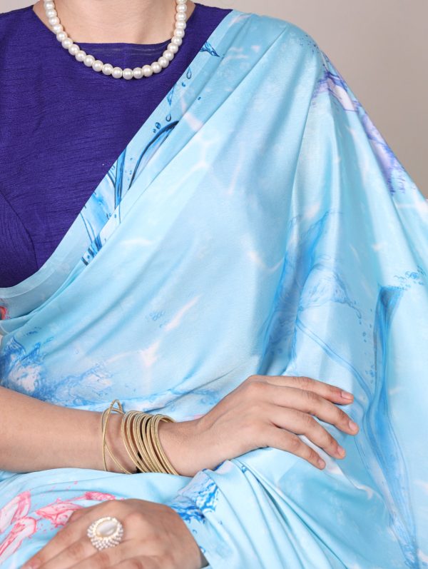 YNF 7054 Sky Blue Color Satin Silk Floral Printed Saree Casual, Wedding, Festive, Events . Expected Delivery  4-6 Working Days @1549/- only                                                                                | Sarees, Bollywood Sarees, Creative Sarees, Designer Sarees, Embroidered Sarees, Ethnic Saree, Modern Digital sarees, Party Wear Sarees