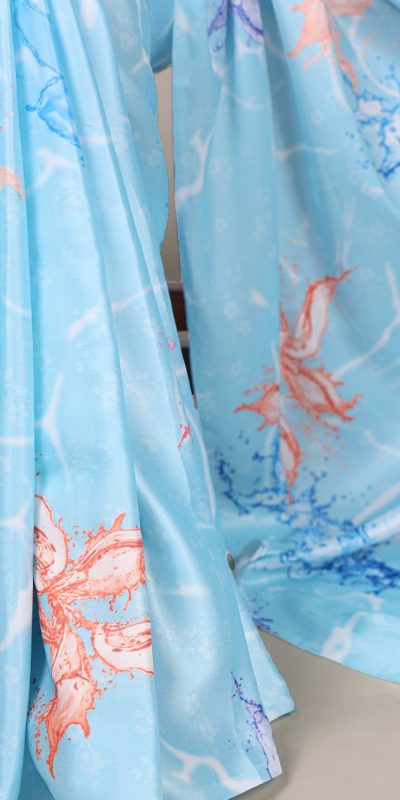 YNF 7054 Sky Blue Color Satin Silk Floral Printed Saree Casual, Wedding, Festive, Events . Expected Delivery  4-6 Working Days @1549/- only                                                                                | Sarees, Bollywood Sarees, Creative Sarees, Designer Sarees, Embroidered Sarees, Ethnic Saree, Modern Digital sarees, Party Wear Sarees
