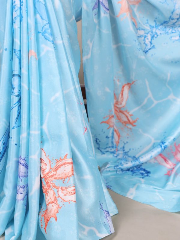 YNF 7054 Sky Blue Color Satin Silk Floral Printed Saree Casual, Wedding, Festive, Events . Expected Delivery  4-6 Working Days @1549/- only                                                                                | Sarees, Bollywood Sarees, Creative Sarees, Designer Sarees, Embroidered Sarees, Ethnic Saree, Modern Digital sarees, Party Wear Sarees