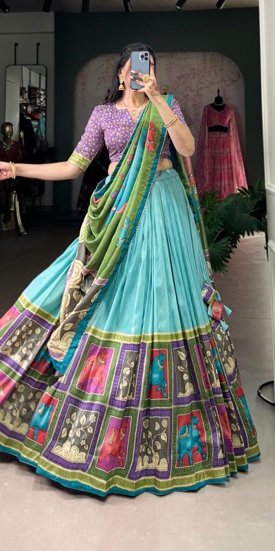 LNB 1235 Sky Blue Color Tasar Silk Kalamkari With Foil Work Lehenga Choli Wedding, Party, Festive, Events Etc. Delivery 4-6 Working Days Rs 2499 | Lehenga, Bollywood Lehenga, Creative Lehenga, Designer Lehenga, Embroidered Lehenga, Party Wear Lehenga