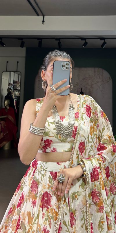 LNB 1672 White Color Chiffon Floral Print Foil Print Embossed Design Lehenga Choli Wedding, Party, Festive, Events Etc. Delivery 4-6 Working Days Rs 3499 | Lehenga, Bollywood Lehenga, Creative Lehenga, Designer Lehenga, Embroidered Lehenga, Party Wear Lehenga