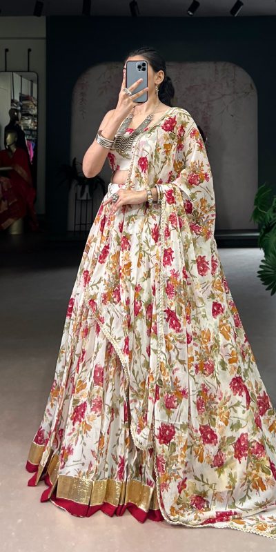 LNB 1672 White Color Chiffon Floral Print Foil Print Embossed Design Lehenga Choli Wedding, Party, Festive, Events Etc. Delivery 4-6 Working Days Rs 3499 | Lehenga, Bollywood Lehenga, Creative Lehenga, Designer Lehenga, Embroidered Lehenga, Party Wear Lehenga